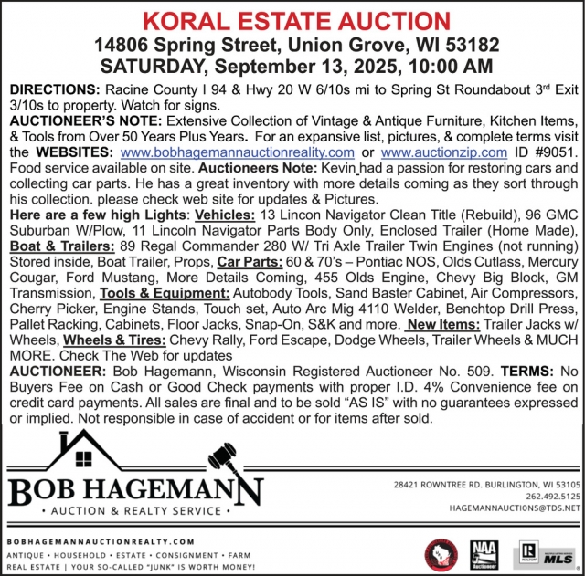 Auction, Bob Hagemann Auction & Realty Service, Burlington, WI