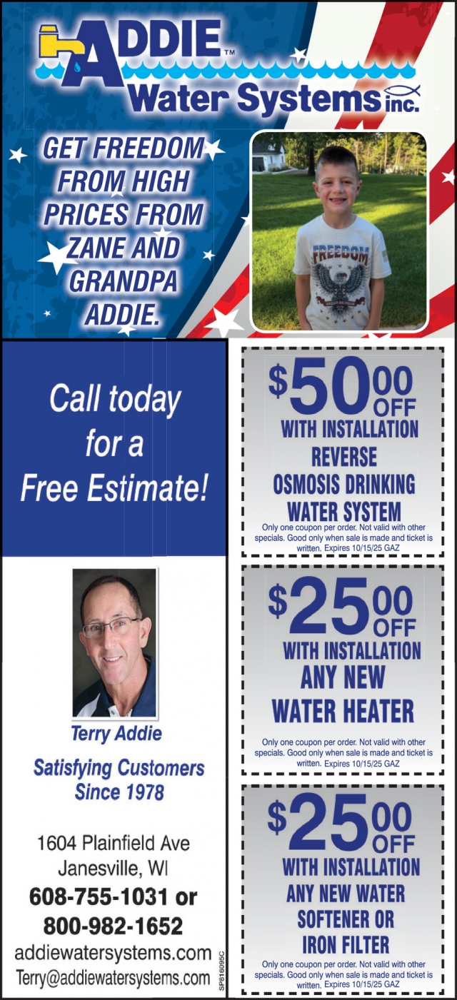 Call Today for a FREE Estimate!, Addie Water Systems Inc.