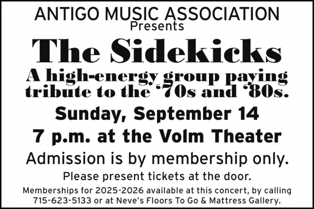 Admission is by Membership Only, Antigo Music Association - The Sidekicks (September 14, 2025)