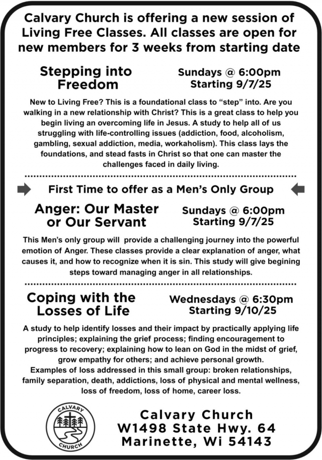 New Session of Living Free Classes, Calvary Church