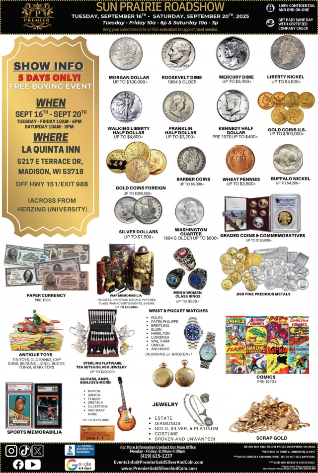 Free Buying Event, Sun Prairie Roadshow (2025) - Premier Gold Silver and Coin
