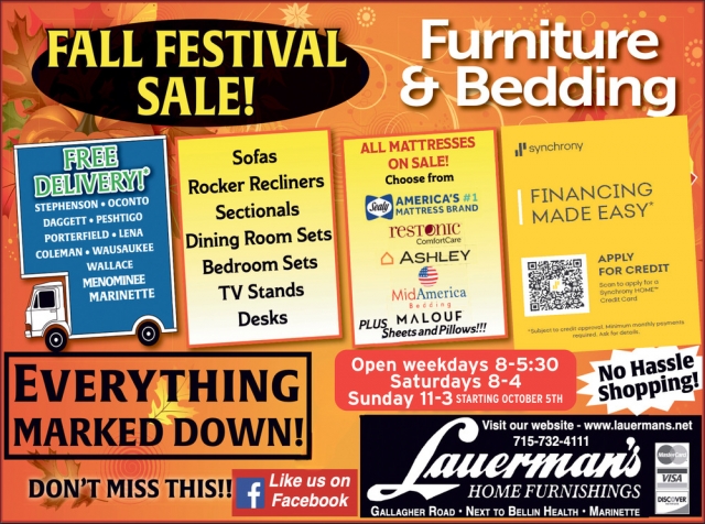Fall Festival Sale!, Lauerman's Home Furnishing, Marinette, WI