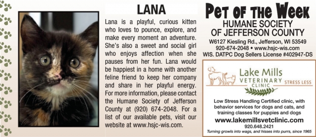 Pet of The Week, Lake Mills Veterinary Clinic, Lake Mills, WI