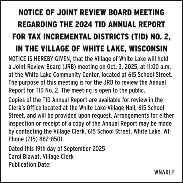 Notice, Village of White Lake, White Lake, WI