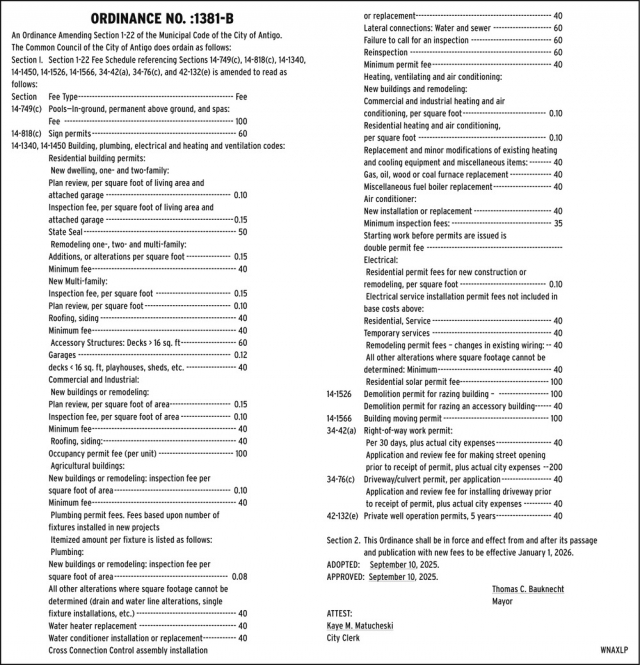 Ordinance No. :1381-B, City of Antigo, Antigo, WI