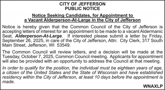 Public Notice, City Of Jefferson, Jefferson, WI