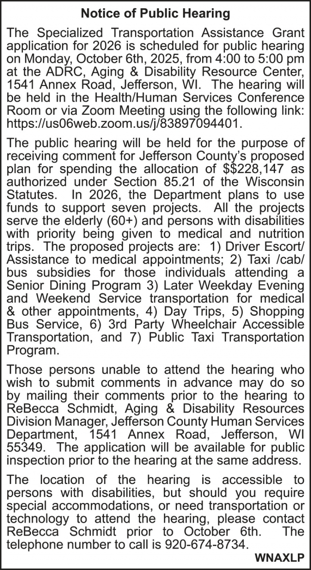 Notice of Public Hearing, Jefferson County Human Services, Jefferson, WI