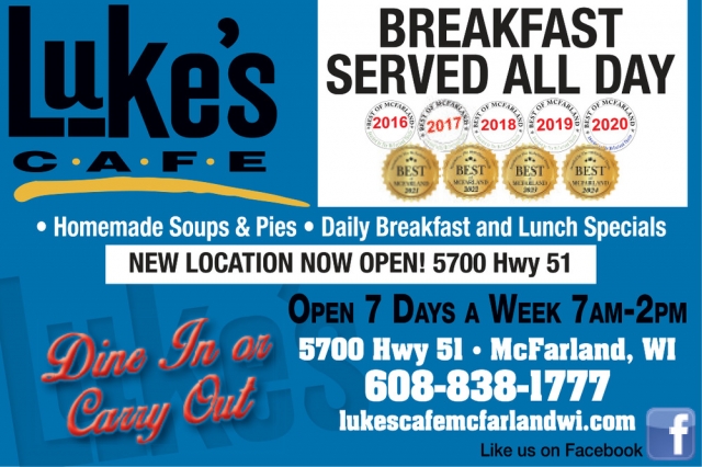 Breakfast Served All Day, Lukes Cafe, Mcfarland, WI