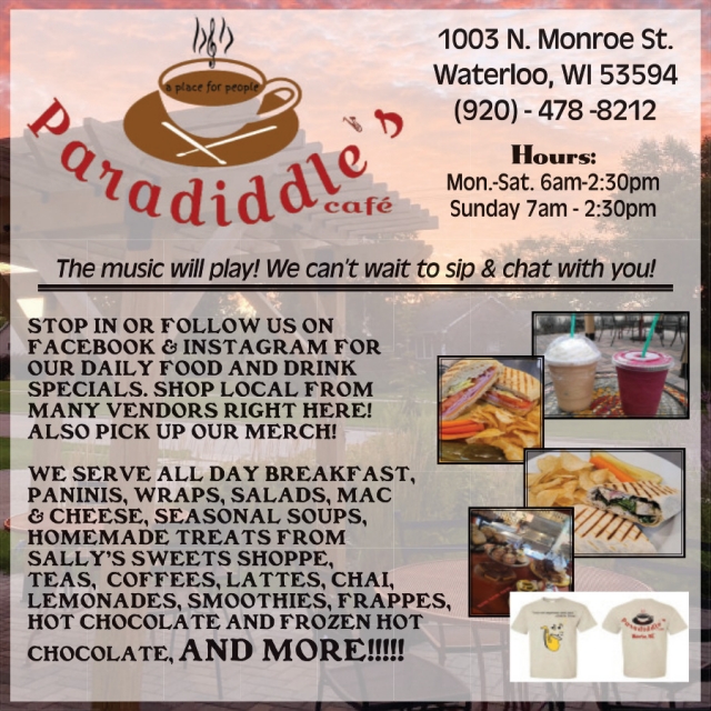 Enjoy Great Music, Tasty Food & Drinks, Paradiddle's Café, Waterloo, WI