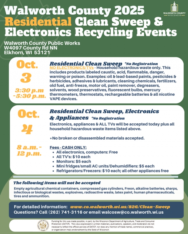 Residential Clean Sweep & Electronics Recycling Events, Walworth County Public Works, Elkhorn, WI