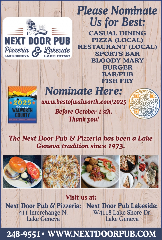 Best Casual Dining, Next Door Pub & Pizzeria, Lake Geneva, WI