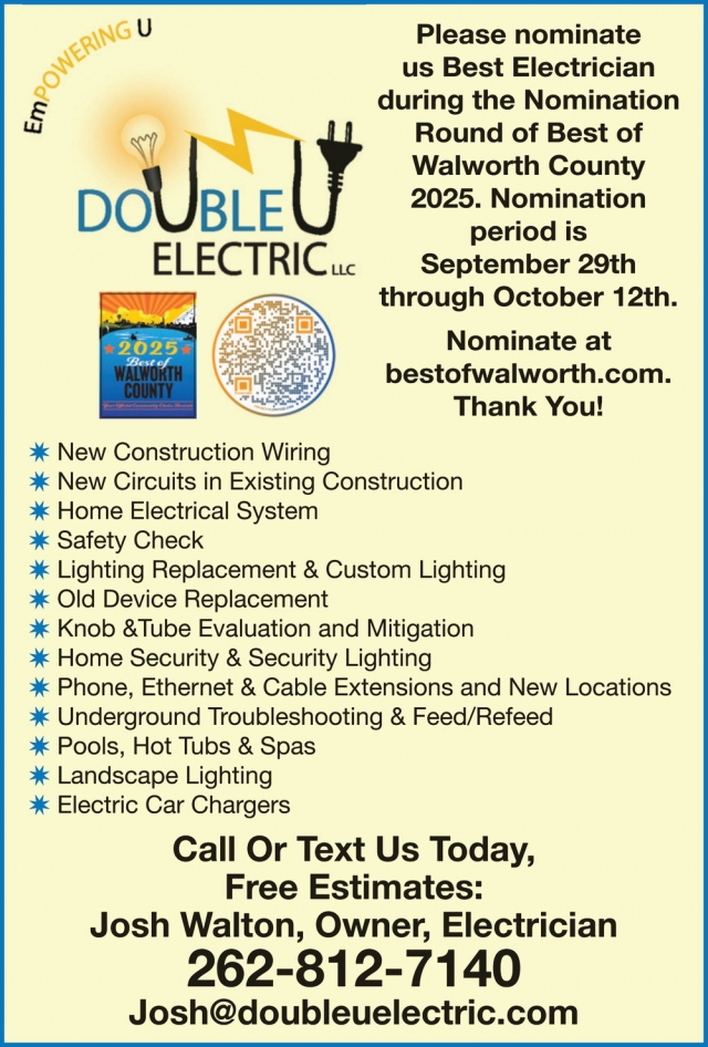 Best Electrician, Double U Electric LLC, Elkhorn, WI