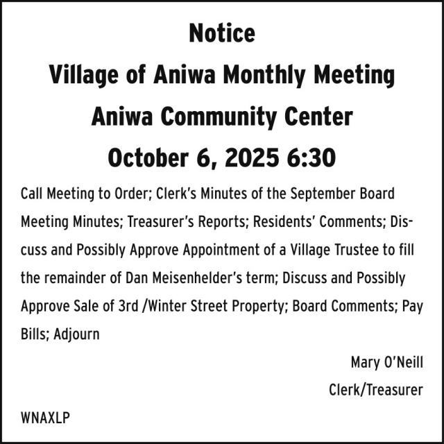 Notice, Village of Aniwa Monthly Meeting at Aniwa Community Center, Aniwa, WI