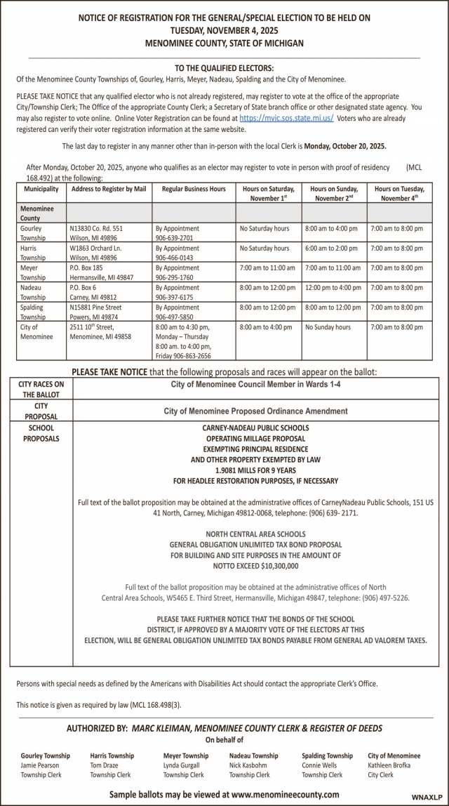 Notice of Registration, Menominee County, Menominee, MI