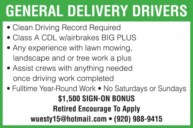 General Delivery Drivers, 920-988-9415