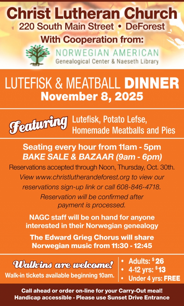 Lutefisk & Meatball Dinner, Christ Lutheran Church - DeForest, Deforest, WI