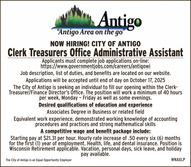 Clerk Treasures Office Administrative Assistant, City of Antigo, Antigo, WI