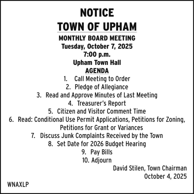 Notice, Town of Upham, Summit Lake, WI