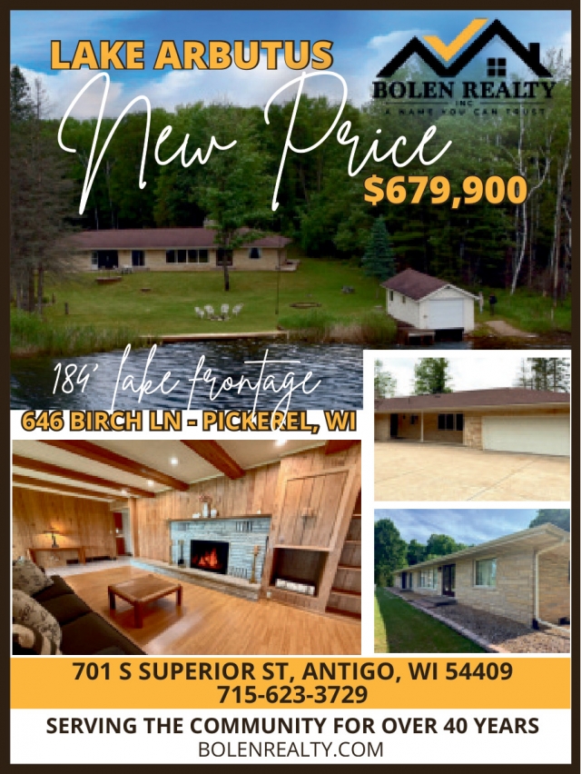 Lake Arbutus New Price, Bolen Realty, Antigo, WI