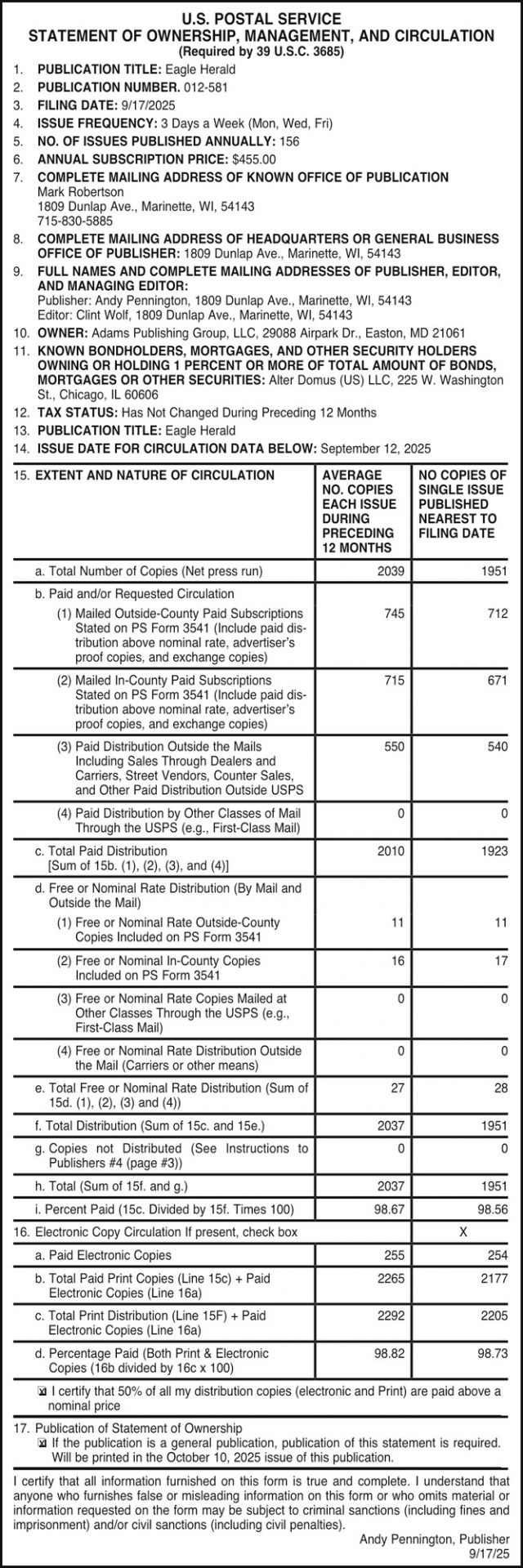 Statement of Ownership, Management, and Circulation, U.S. Postal Service