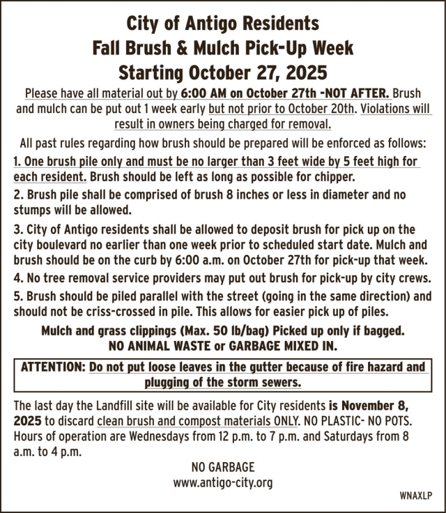 Fall Brush & Mulch Pick-Up Week, City of Antigo, Antigo, WI