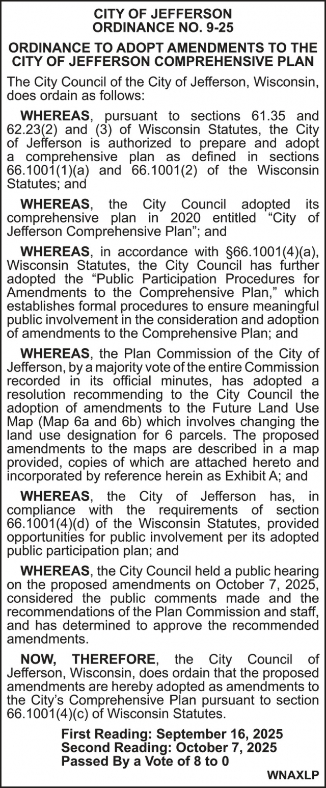 Ordinance No. 9-25, City Of Jefferson, Jefferson, WI