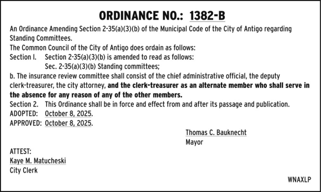 Ordinance No.: 1382-B, City of Antigo, Antigo, WI