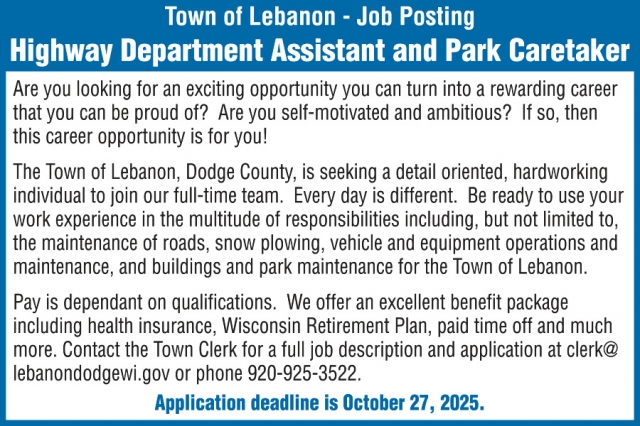Highway Department Assistant and Park Caretaker, Town of Lebanon