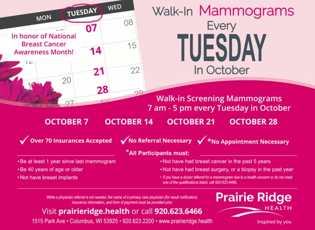 Walk-In Mammograms, Prairie Ridge Health Clinic, Columbus, WI