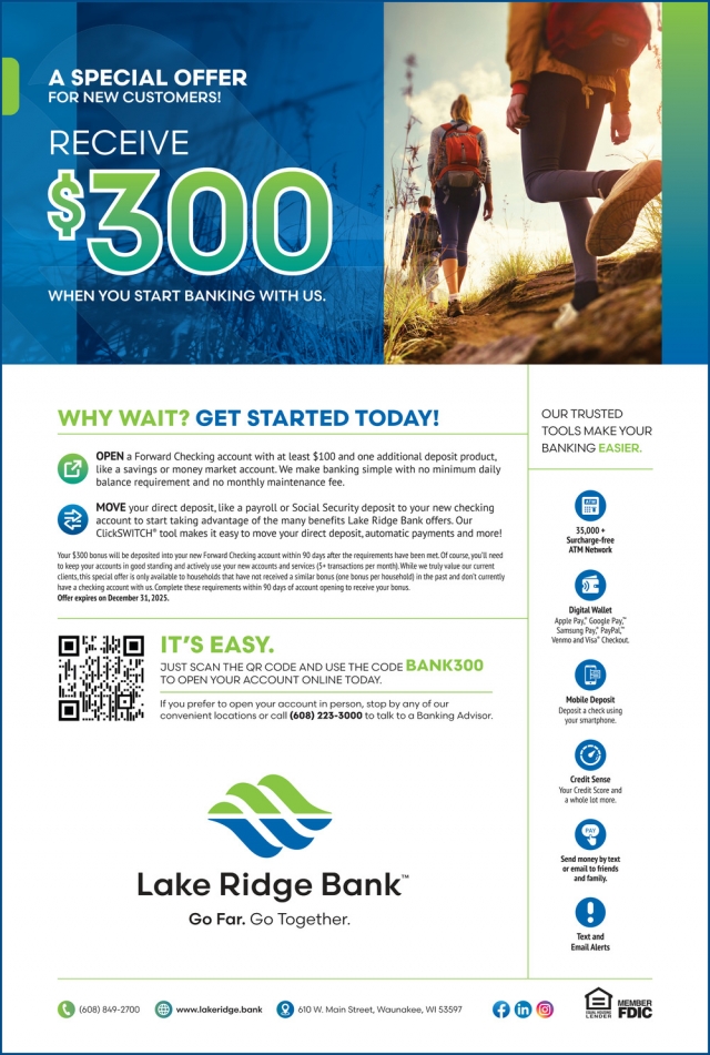A Special Offer for New Customers!, Lake Ridge Bank, Madison, WI