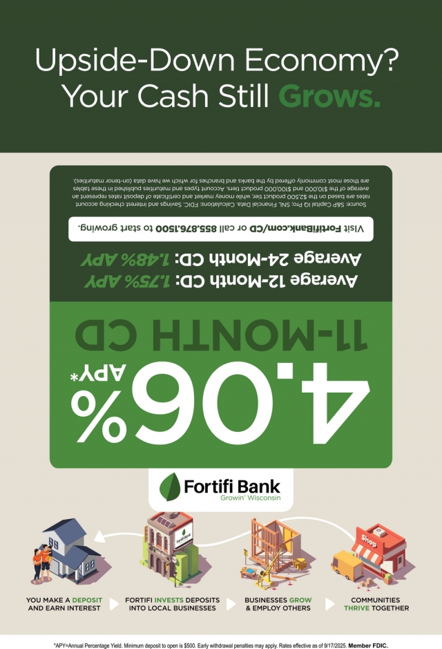 Upside-Down Economy? Your Cash Still Grows., Fortifi Bank, Green Lake, WI