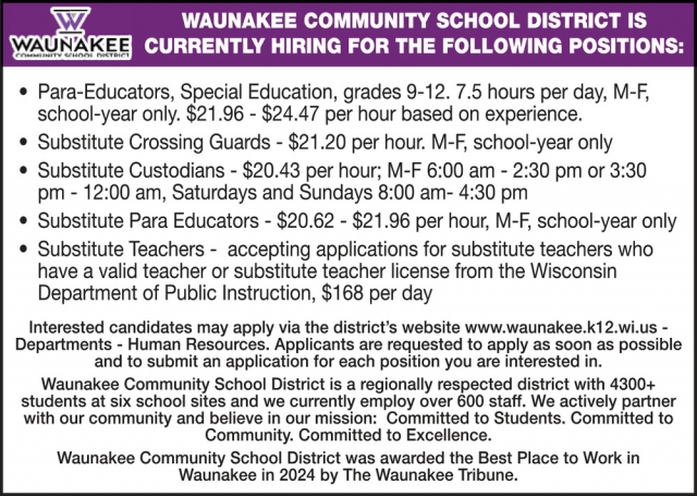Para-Educators, Waunakee Community School District, Waunakee, WI