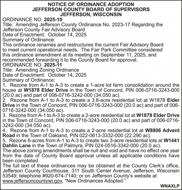 Notice of Ordinance Adoption, Jefferson County, Jefferson, WI