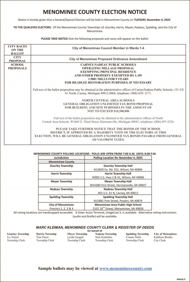 Election Notice, Menominee County, Menominee, MI
