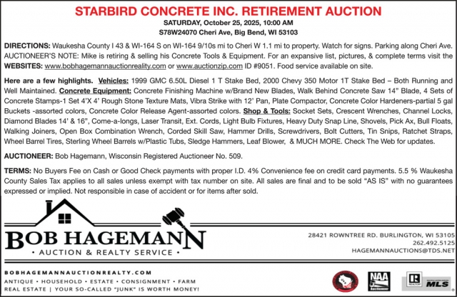 Starbid Concrete Inc. Retirement Auction, Bob Hagemann Auction & Realty Service, Burlington, WI
