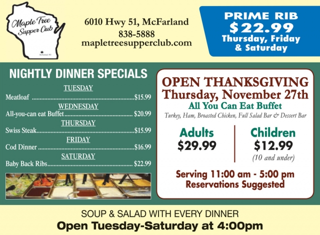 Nightly Dinner Specials, Maple Tree, Mcfarland, WI