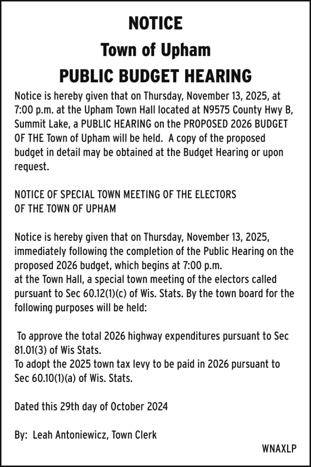 Notice, Town of Upham, Summit Lake, WI