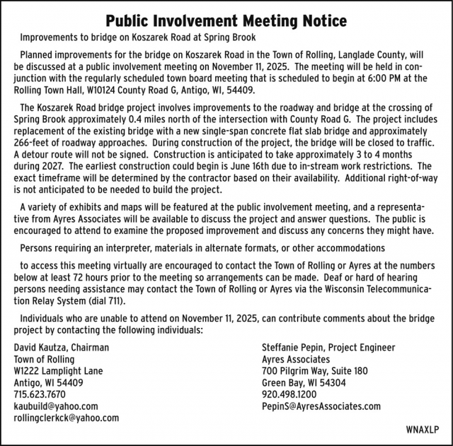 Public Involvement Meeting Notice, Town of Rolling - Dave Kautza, Antigo, WI
