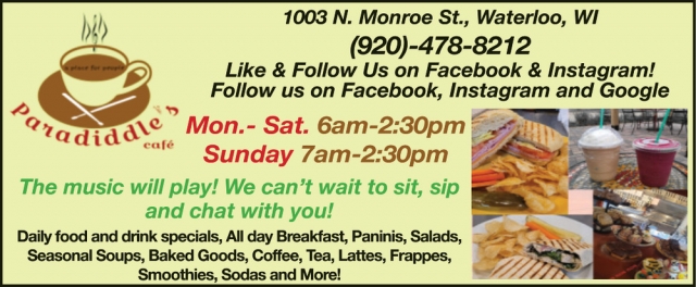 Enjoy Great Music, Tasty Food & Drinks, Paradiddle's Café, Waterloo, WI