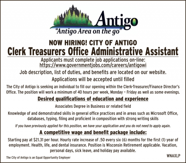 Clerk Treasurers Office Administrative Assistant, City of Antigo, Antigo, WI