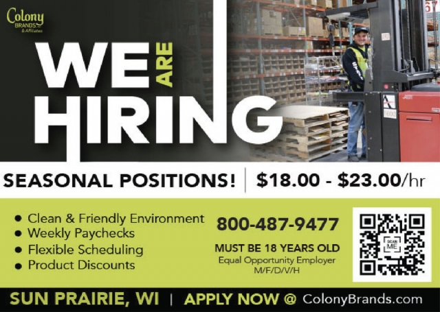 We are Hiring, Colony Brands & Affiliates, Monroe, WI