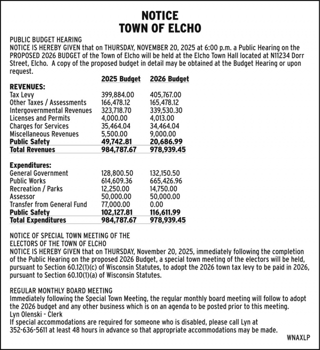 Notice, Town Of Elcho, Elcho, WI