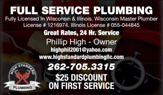 Full Service Plumbing, High Standard Plumbing, Twin Lakes, WI