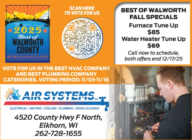 Best of Walworth Fall Specials, Air Systems Inc, Elkhorn, WI