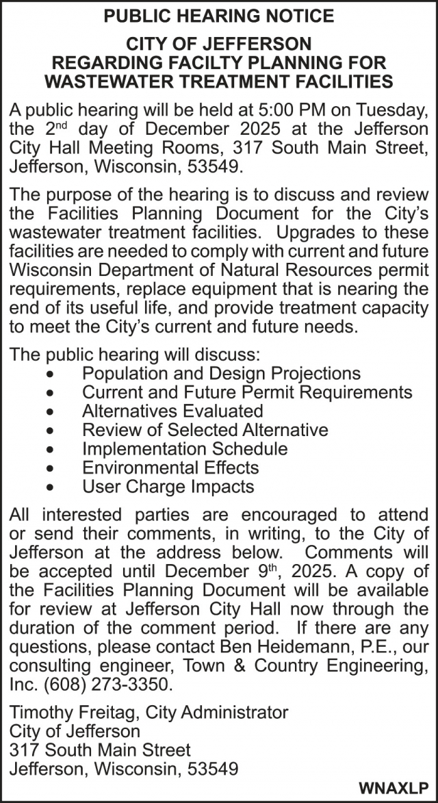Public Hearing Notice, City Of Jefferson, Jefferson, WI