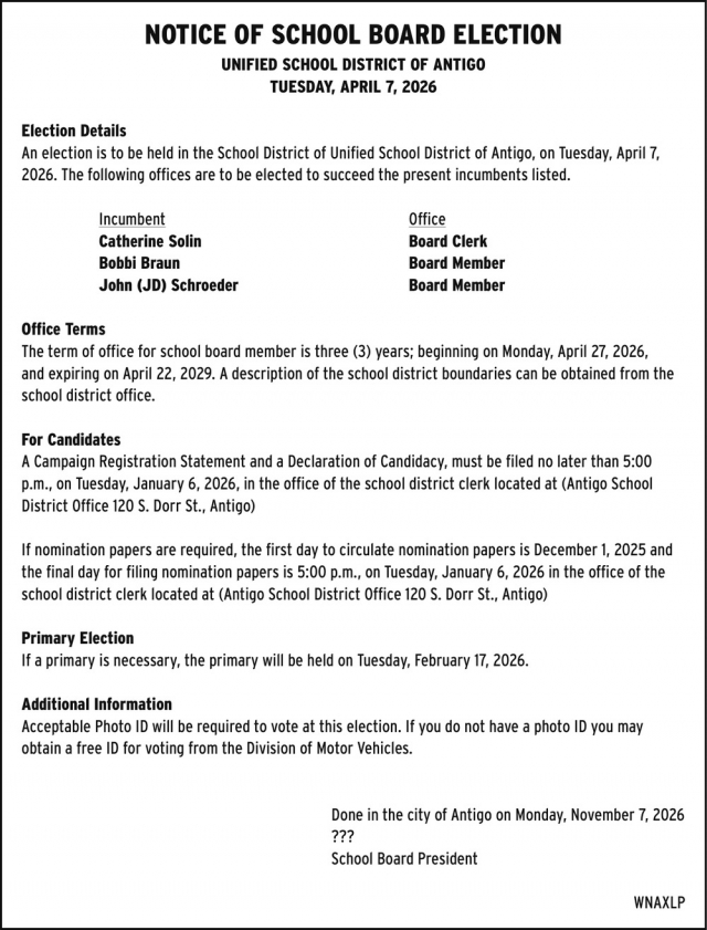 Notice of School Board Election, Unified School District of Antigo, Antigo, WI