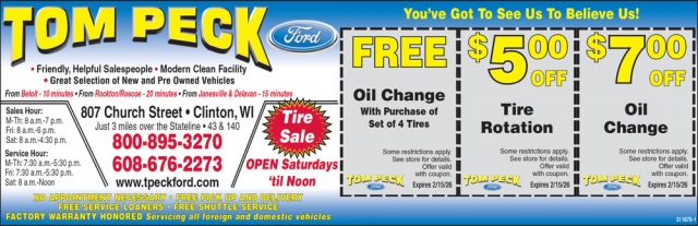 Free Service Loaners, Tom Peck Ford of Clinton, Clinton, WI