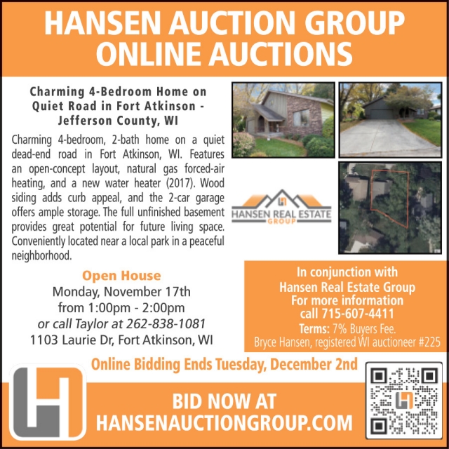 Online Auctions, Hansen Auction Group, Downing, WI