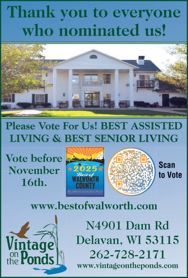 Vote for Us! Best Assisted Living & Best Senior Living, Vintage on the Ponds, Delavan, WI