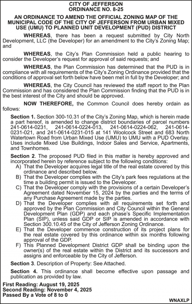 Ordinance No. 8-25, City Of Jefferson, Jefferson, WI